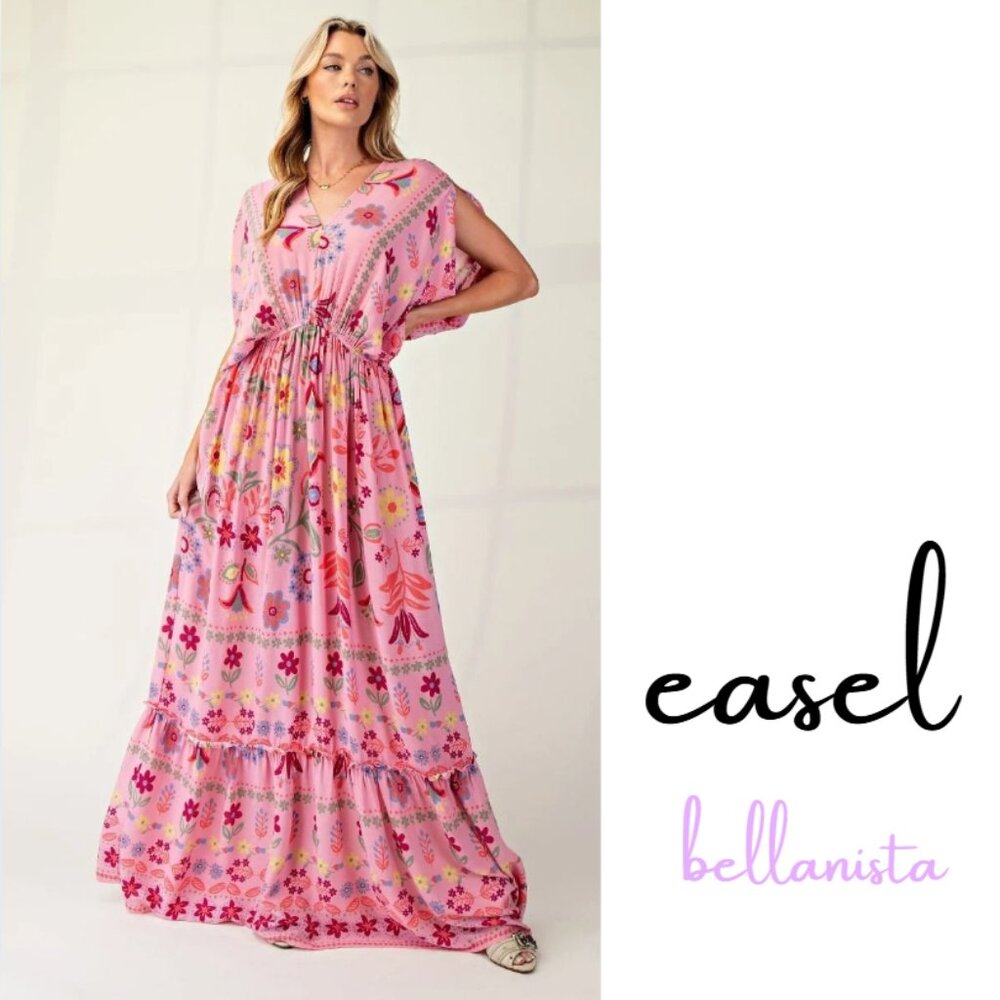 2216 EASEL Calypso Pink Dolman Sleeve Printed Maxi Dress